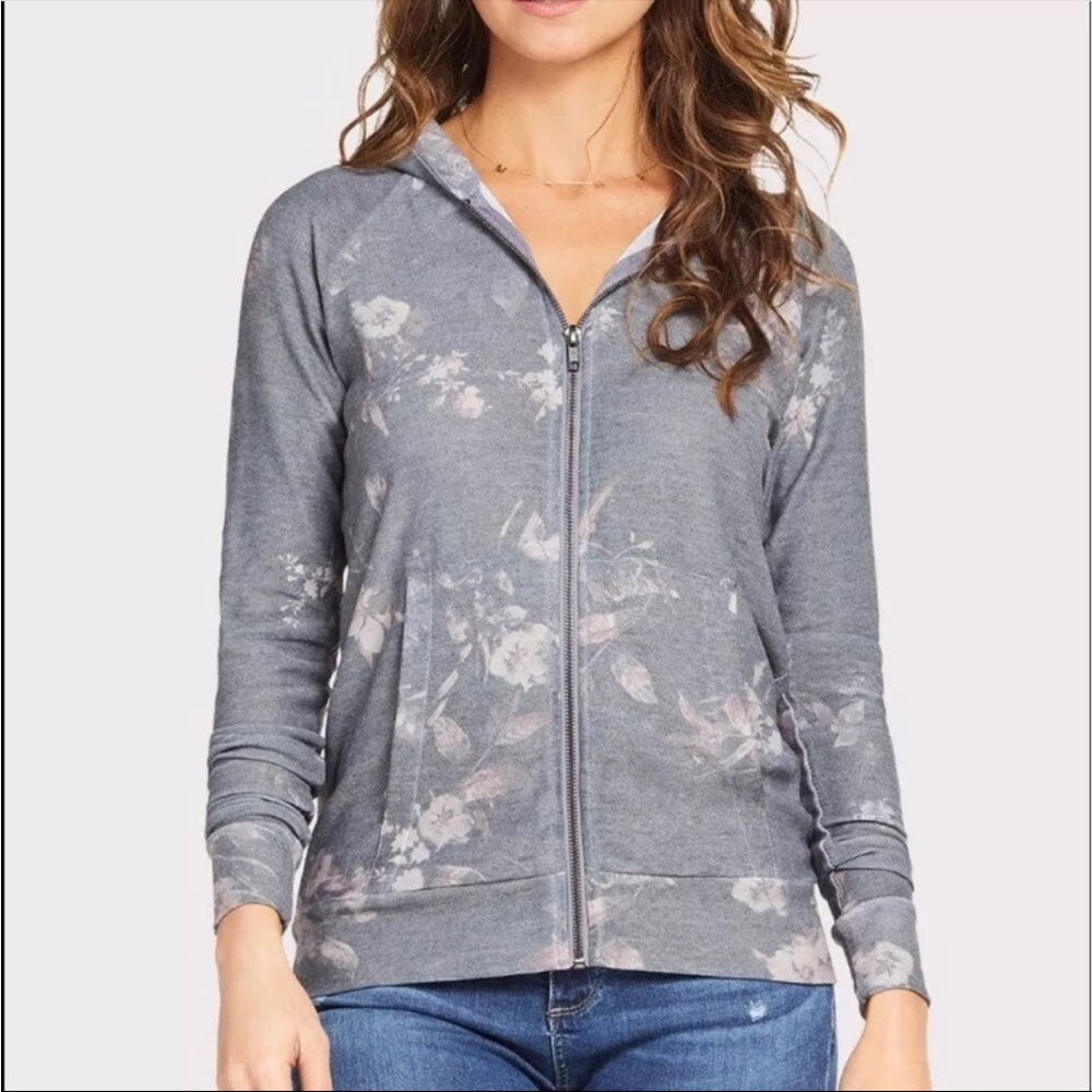 Chaser Evereve gray floral full zip zipper hoodie hooded sweatshirt Xsmall